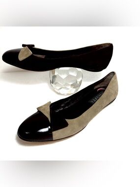 Prevata Black and Taupe Suede & Patent Cap-Toe Flats